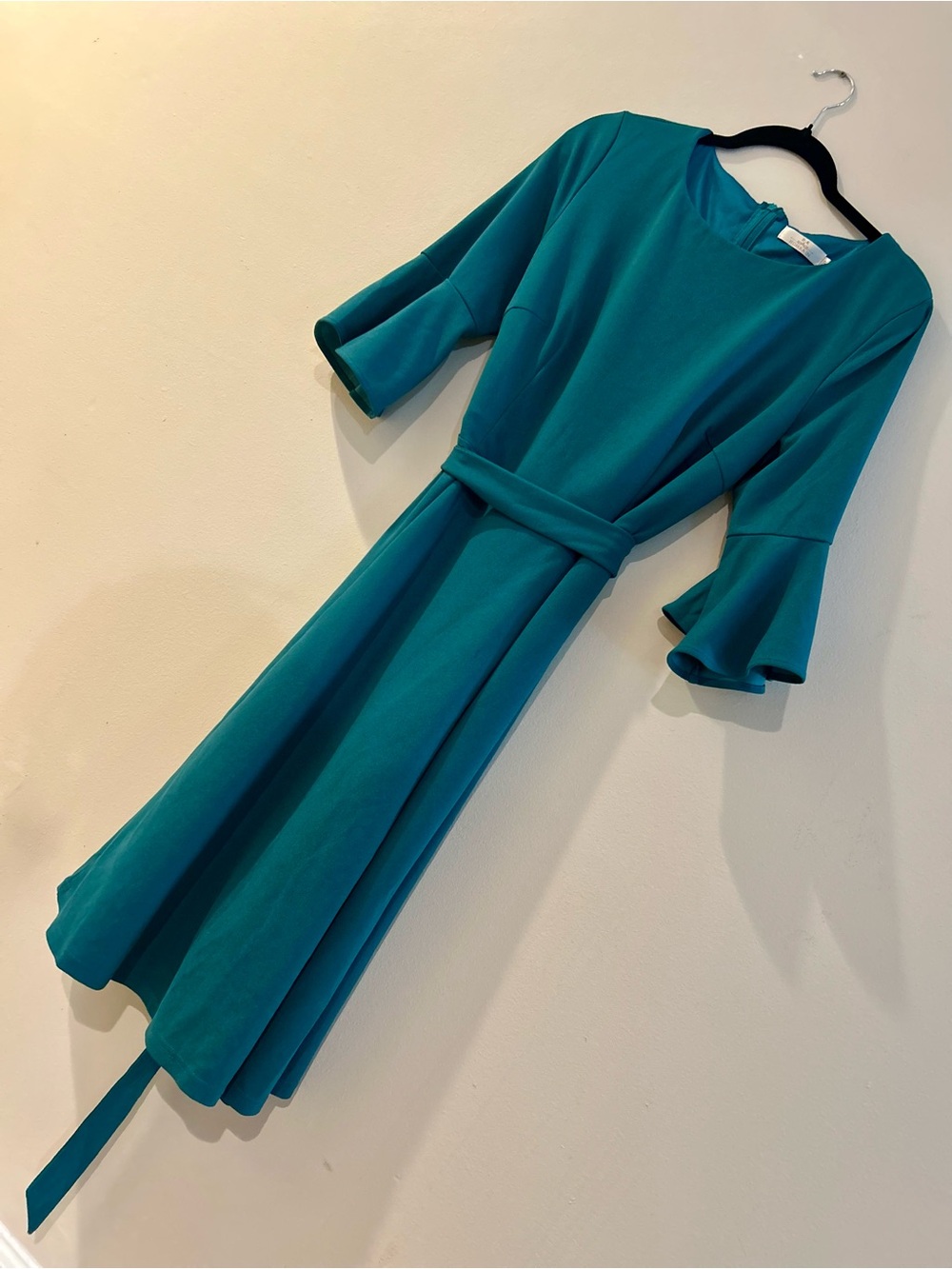 Elegant Teal Belted Midi Dress with Flounce Sleeves